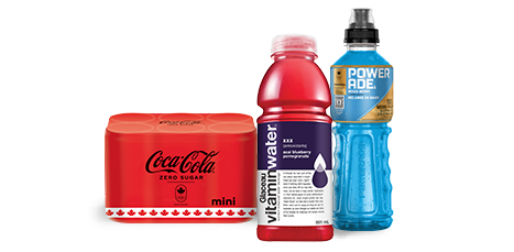 This image contains three products from IGA: Mini Coca-Cola cans, glucose vitamin water bottles, and Power Ade bottles.