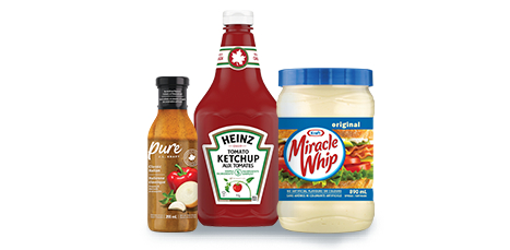 This image contains three kraft products in boxes from IGA: Pure, Heinz Tomato Ketchup, and Miracle Whip.