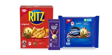 This image contains three Mondelez products in boxes from IGA: Ritz biscuits, dairy milk, and Oreo biscuits pack.