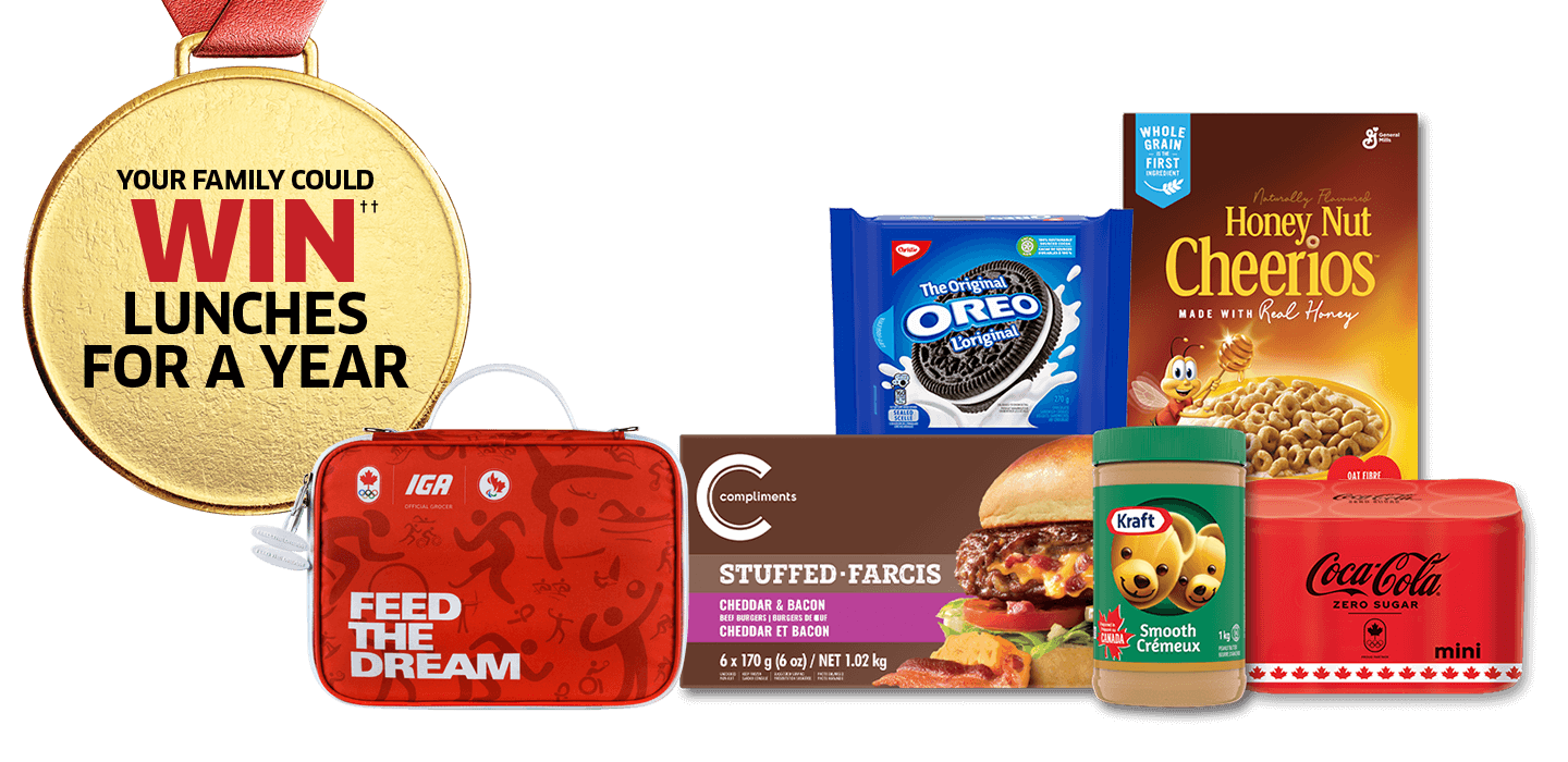 The following image contains the text: "Your family could win lunches for a year with these products from Foodland: Oreo Biscuits, Honey Nut Cheerios, Stuffed Farcis, Kraft Smooth Cream, mini Coca-Cola cans, and Feed the Dream bag."