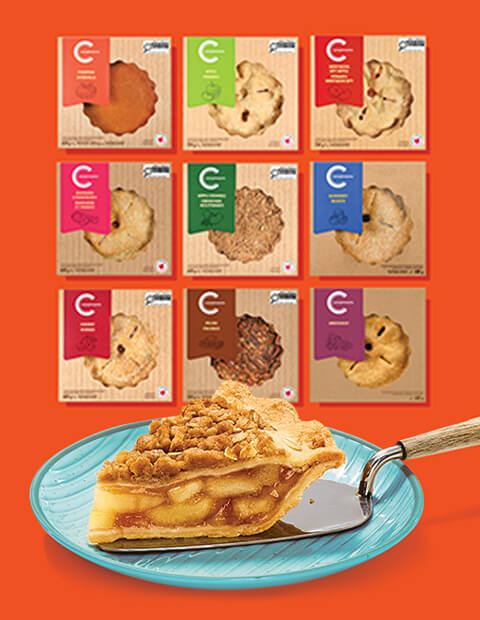 Slice of pie on plate with packshots beside on an orange background