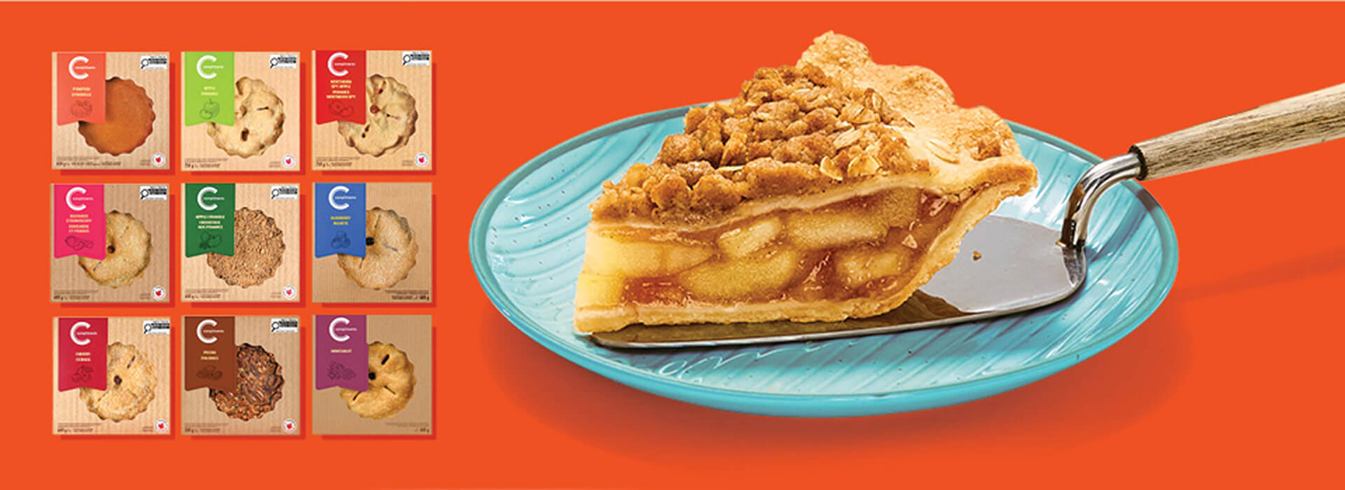 Slice of pie on plate with packshots beside on an orange background