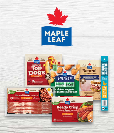 Assorted Maple Leaf Foods products arranged together, with Maple Leaf Foods logo.